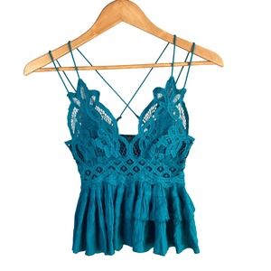 Free People Adella Cropped Cami Teal Lace Smocked Ruffle Tank Top XS Boho
